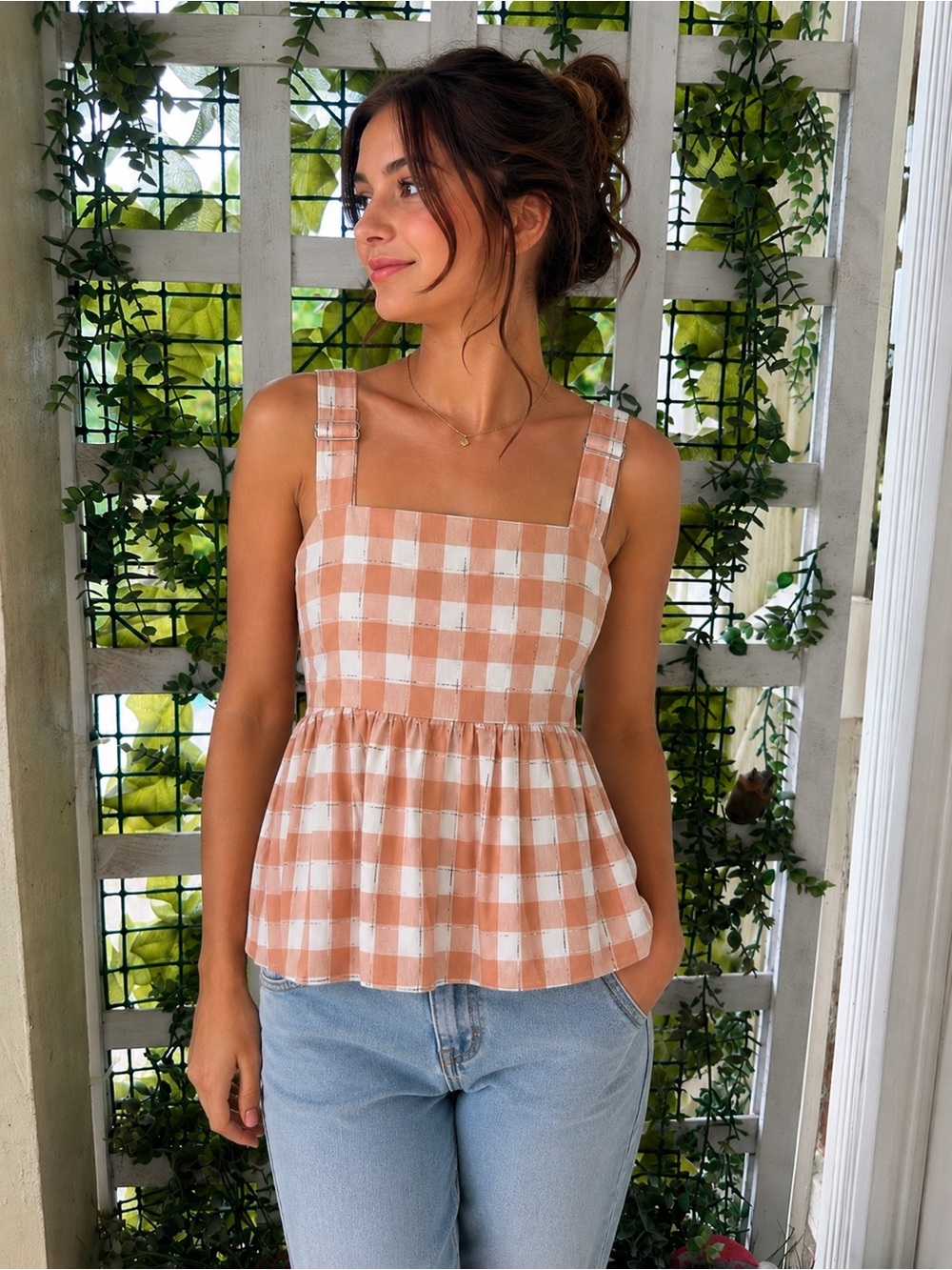 entro Peach and White Gingham Square-Neck Peplum Tank